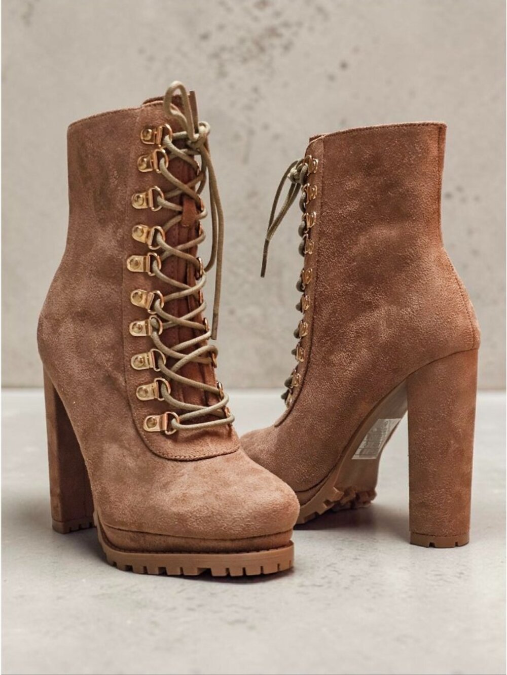 Faux Suede Lace-Up High Heel Platform Boots Taupe Womens Size 6.5